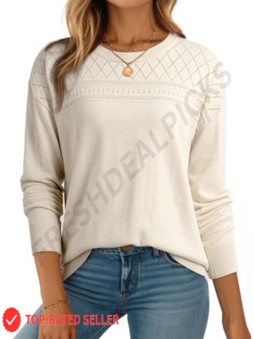 Wool Hollow Out Sweater Lightweight Crochet Pullover Crew Neck Long Sleeve